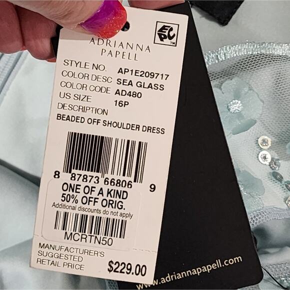 Adrianna‎ Papell Embroidered Off Shoulder Tailored Dress, Sea Glass size 16P new - Picture 7 of 13